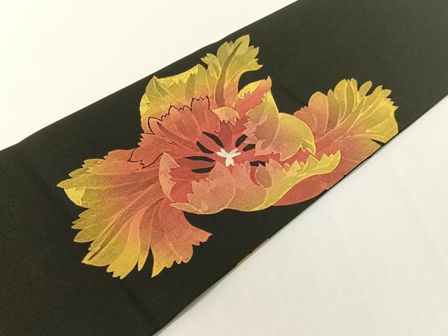 平和屋着物●塩瀬 九寸名古屋帯 作家物 手描き ろうけつ染め 枝花文 黒地 正絹 逸品 CABF0791vp