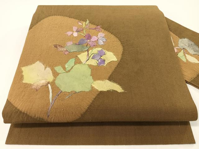 平和屋着物●九寸名古屋帯 紬地 絞り 和紙 草花文 正絹 逸品 CABF0794vp