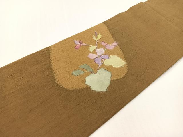 平和屋着物●九寸名古屋帯 紬地 絞り 和紙 草花文 正絹 逸品 CABF0794vp