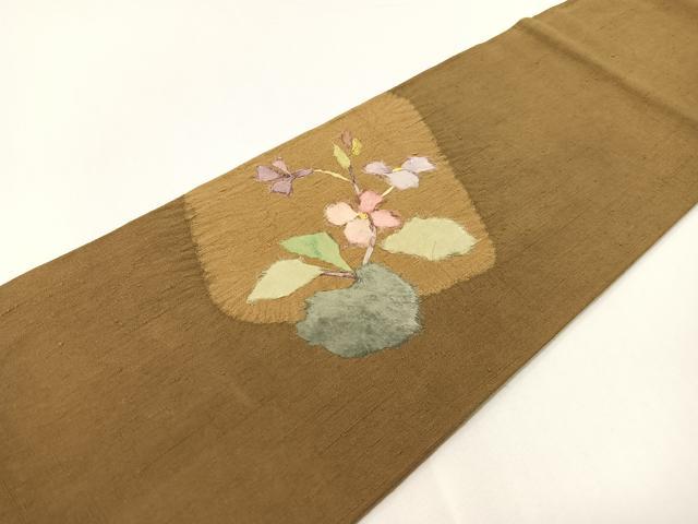 平和屋着物●九寸名古屋帯 紬地 絞り 和紙 草花文 正絹 逸品 CABF0794vp
