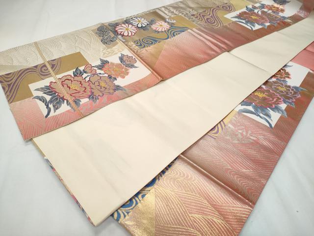 平和屋着物◎六通柄袋帯 唐織 色紙重ね流水草花文 金銀糸 正絹 逸品 CABF1023fb