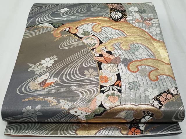 平和屋着物◎六通柄袋帯 唐織 立波舞蝶花文 金銀糸 正絹 逸品 CABF1031fb