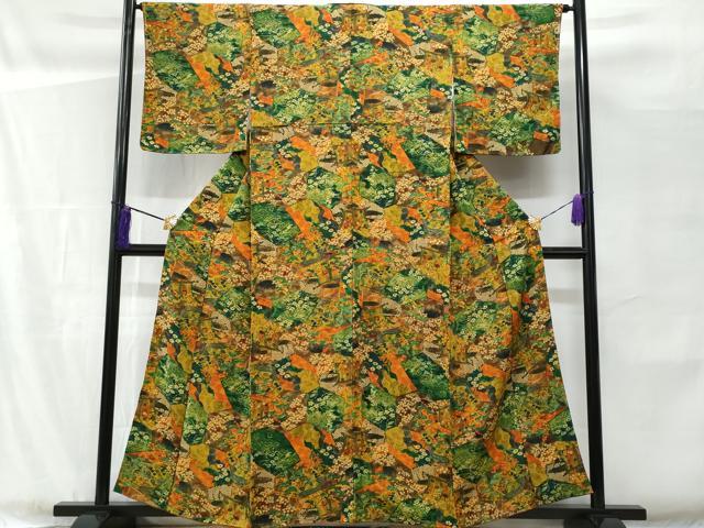 平和屋着物■上質な小紋 亀甲風景花文 金彩 鬼しぼ縮緬 正絹 逸品 未使用 CABF1097fb