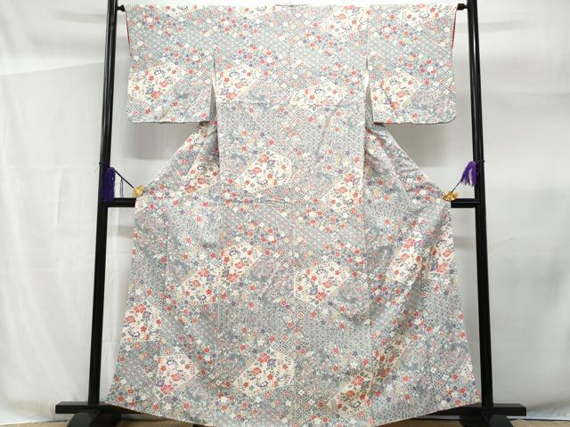 平和屋着物■上質な小紋 切嵌花文 鬼しぼ縮緬 正絹 逸品 CABF1191fb