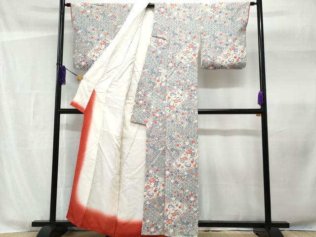平和屋着物■上質な小紋 切嵌花文 鬼しぼ縮緬 正絹 逸品 CABF1191fb