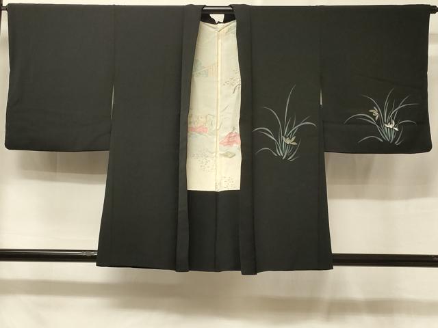 平和屋着物#羽織 手描き 草花文 黒地 金彩 正絹 逸品 CABF1201in