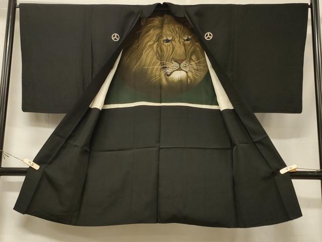 平和屋着物#男性 長羽織 黒紋付 羽裏:ライオン 正絹 逸品 CABF1258in