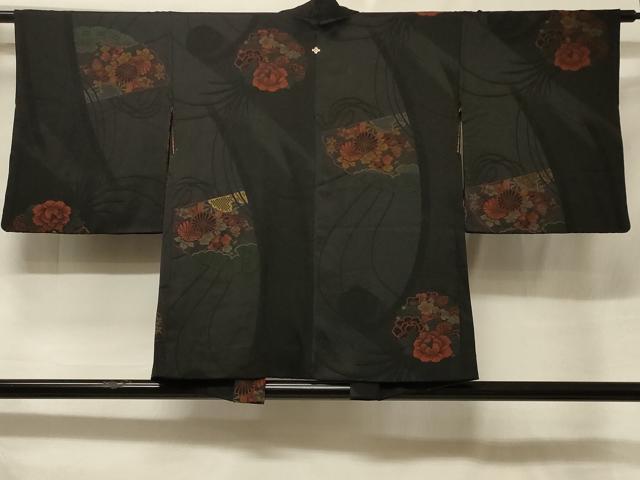 平和屋着物#羽織 寿光織 檜扇草花丸文 黒地 金糸 正絹 逸品 CABF1262in