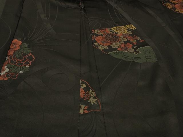 平和屋着物#羽織 寿光織 檜扇草花丸文 黒地 金糸 正絹 逸品 CABF1262in
