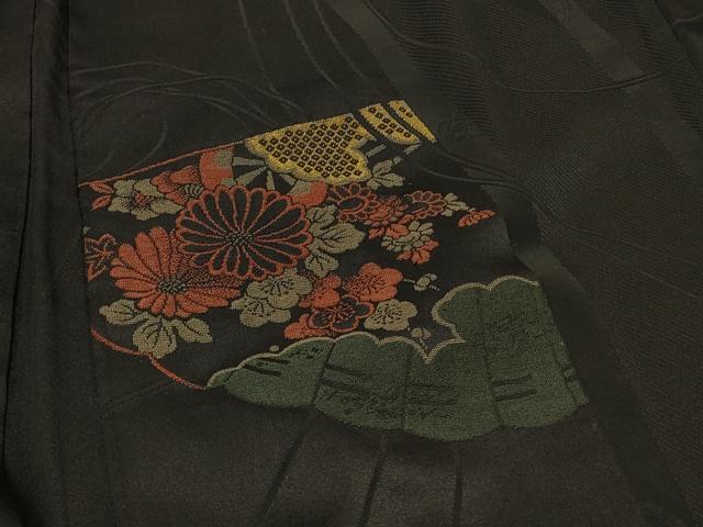 平和屋着物#羽織 寿光織 檜扇草花丸文 黒地 金糸 正絹 逸品 CABF1262in