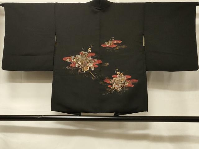 平和屋着物#羽織 寿光織 御所車草花文 黒地 金銀糸 正絹 逸品 CABF1264in