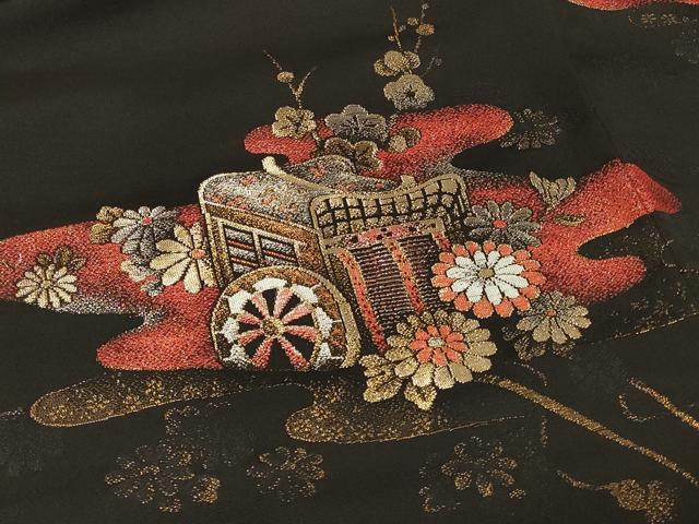 平和屋着物#羽織 寿光織 御所車草花文 黒地 金銀糸 正絹 逸品 CABF1264in