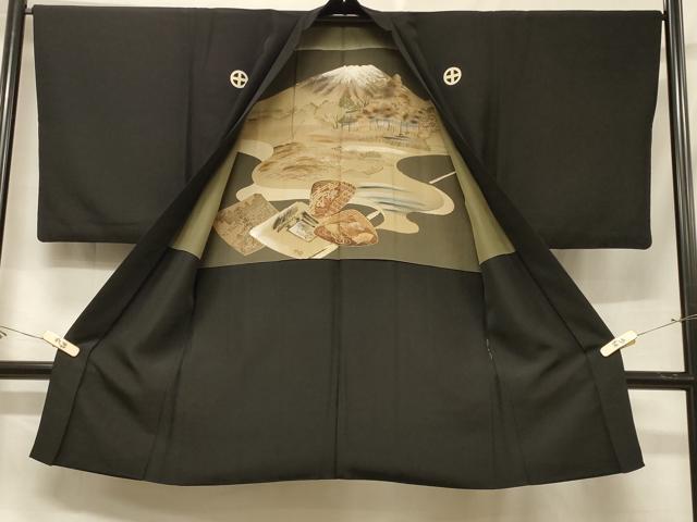 平和屋着物#男性 長羽織 黒紋付き 羽裏:風景文 正絹 逸品 CABF1283in