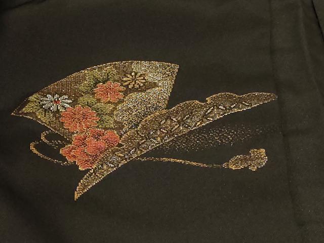 平和屋着物#羽織 寿光織 地紙鼓花文 黒地 金銀糸 正絹 逸品 未使用 CABF1321in