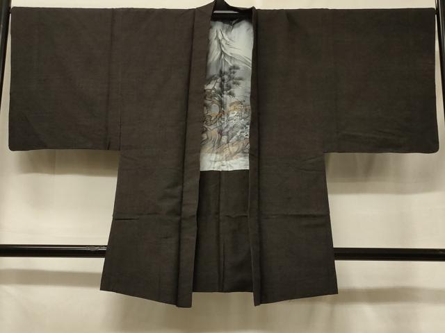 平和屋着物#男性 羽織 紬地 黒橡色 正絹 逸品 CABF1351in