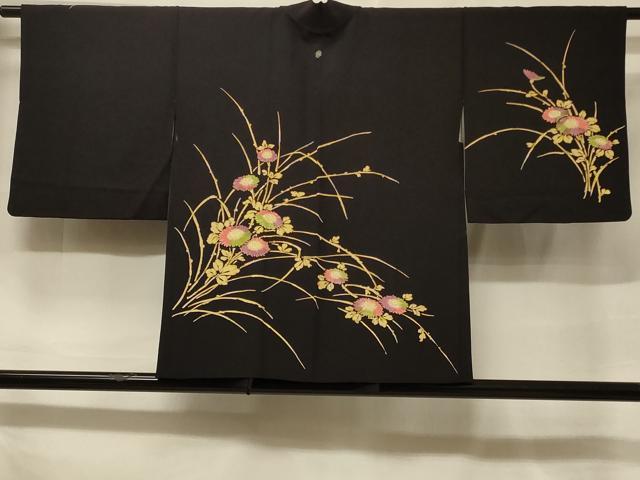 平和屋着物#羽織 草花文 黒地 正絹 逸品 CABF1367in