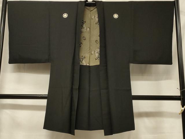 平和屋着物#男性 長羽織 黒紋付き 羽裏:硬貨 正絹 逸品 CABF1403in