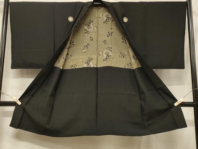 平和屋着物#男性 長羽織 黒紋付き 羽裏:硬貨 正絹 逸品 CABF1403in