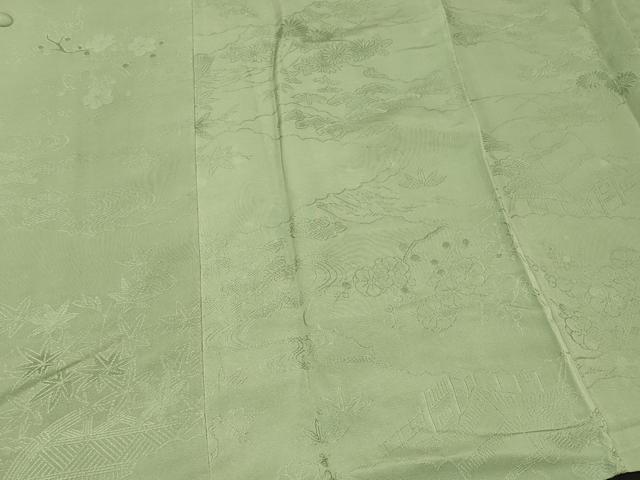平和屋着物#道行コート 色無地 風景草花地紋 若葉色 正絹 逸品 CABF1416in