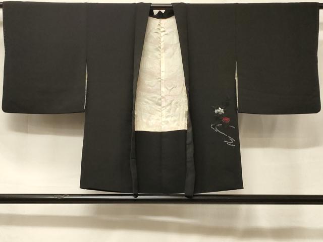 平和屋着物#羽織 絞り 刺繍 流水草花文 黒地 銀糸 正絹 逸品 CABF1450in