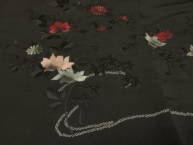 平和屋着物#羽織 絞り 刺繍 流水草花文 黒地 銀糸 正絹 逸品 CABF1450in