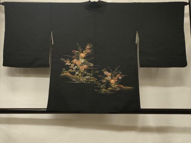 平和屋着物#羽織 寿光織 雲取り草花文 黒地 金銀糸 正絹 逸品 CABF1513in