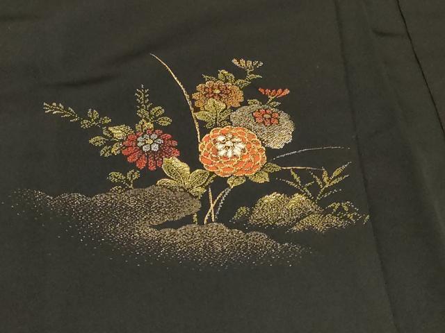 平和屋着物#羽織 寿光織 雲取り草花文 黒地 金銀糸 正絹 逸品 CABF1513in