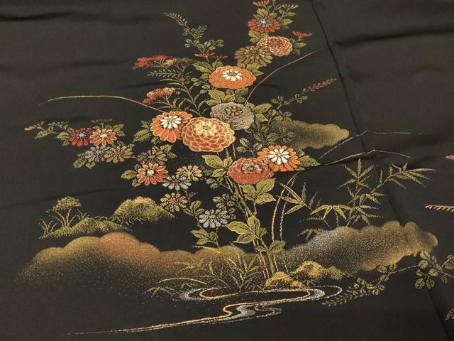 平和屋着物#羽織 寿光織 雲取り草花文 黒地 金銀糸 正絹 逸品 CABF1513in