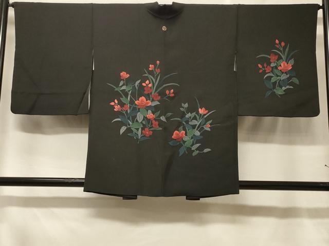 平和屋着物#羽織 手描き 刺繍 草花文 黒地 正絹 逸品 CABF1539in