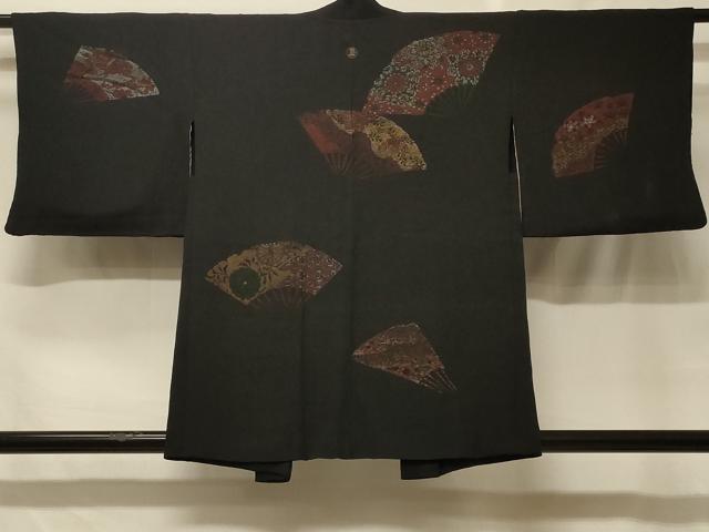 平和屋着物＃羽織　寿光織　流水扇面花文　黒地　金銀糸　正絹　逸品　CABF1359in 平和屋着物＃羽織 寿光織 扇面正倉院花文 黒地 金銀糸 正絹
