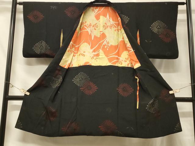 平和屋着物#道中着 花菱文 黒地 ロング丈 正絹 逸品 CABF1582in