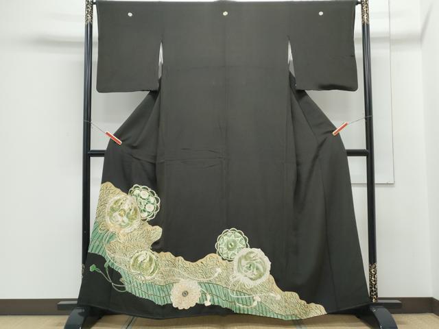 平和屋着物●豪華黒留袖　友禅　駒刺繍　鏡裏鳳凰花文　金彩　正絹　逸品　AABF3621ck 平和屋着物□豪華黒留袖 駒刺繍 鳳凰更紗花文 金彩 正絹 逸品