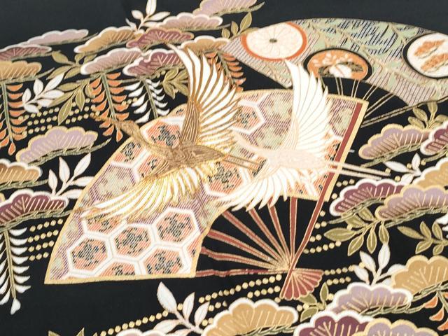 平和屋着物■豪華黒留袖 駒刺繍 扇面飛鶴花文 金彩 正絹 逸品 CABF1701th