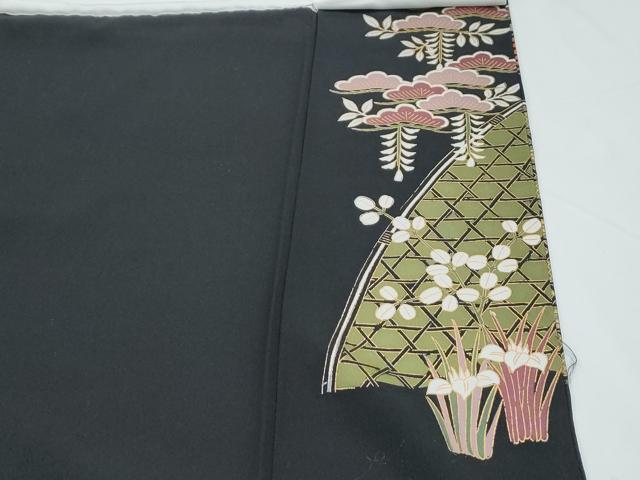 平和屋着物■豪華黒留袖 駒刺繍 扇面飛鶴花文 金彩 正絹 逸品 CABF1701th