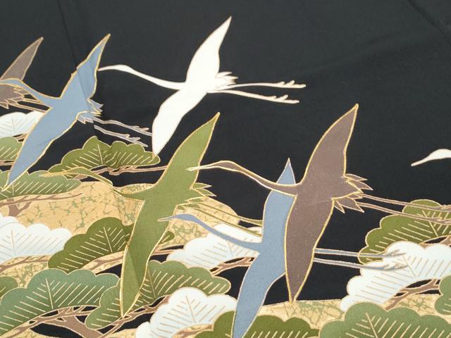 平和屋着物■豪華黒留袖 駒刺繍 飛鶴松文 金彩 正絹 逸品 CABF1718th