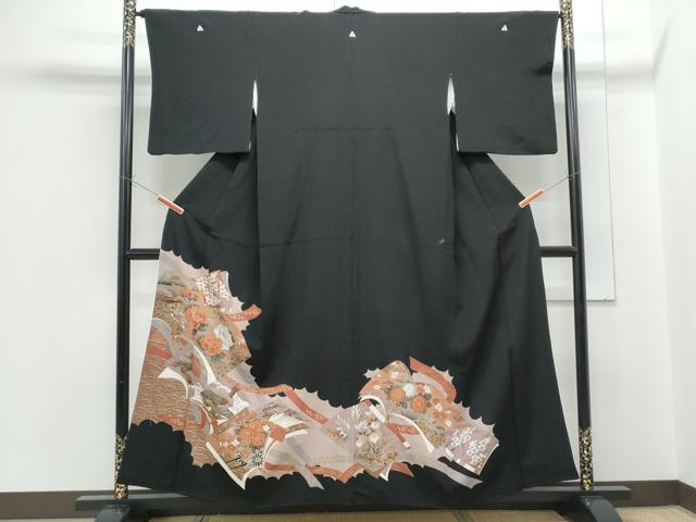 平和屋着物■豪華黒留袖 扇面花文 金彩 正絹 逸品 CABF1749th