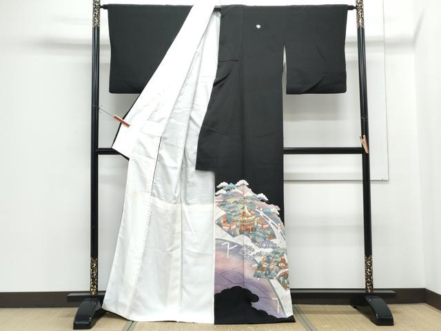 平和屋着物■豪華黒留袖 駒刺繍 地紙風景文 金彩 正絹 逸品 CABF1750th