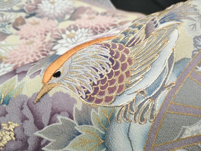 平和屋着物■豪華黒留袖 駒刺繍 扇面花鳥文 金彩 正絹 逸品 CABF1755th