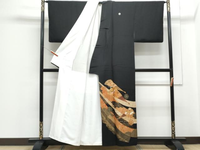 平和屋着物■豪華黒留袖 駒刺繍 扇面宝尽くし鳳凰文 金彩 正絹 逸品 CABF1758th