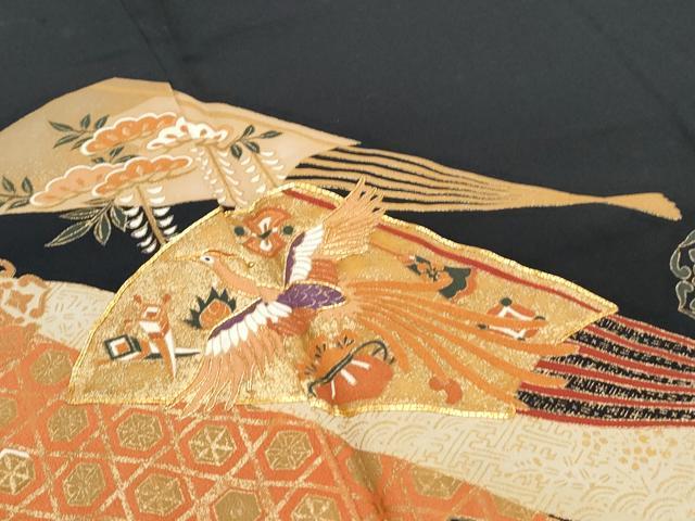 平和屋着物■豪華黒留袖 駒刺繍 扇面宝尽くし鳳凰文 金彩 正絹 逸品 CABF1758th