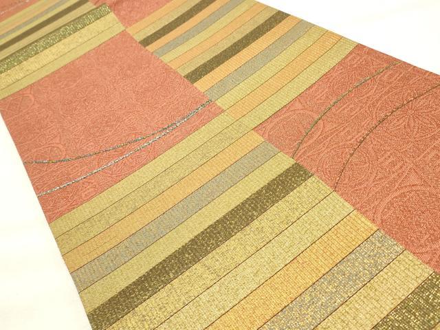 平和屋着物◎六通柄袋帯 美濃和紙箔 変わり市松文 金糸 正絹 逸品 CABF2088qe