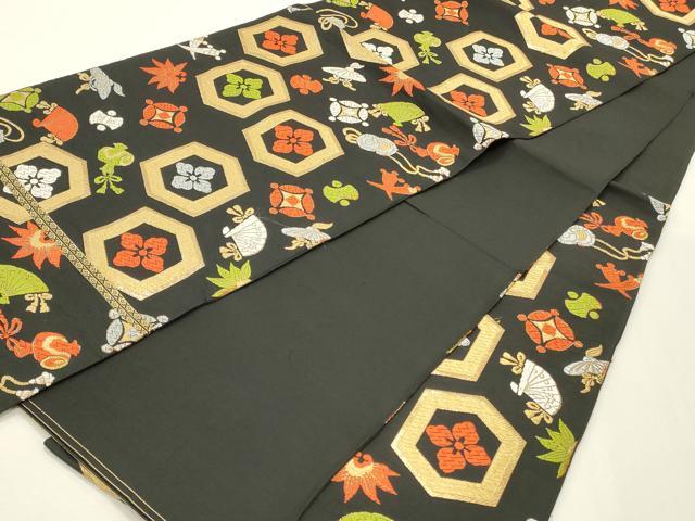 平和屋着物◎六通柄 本袋帯 唐織 宝尽くし亀甲文 黒地 金銀糸 正絹 逸品 CABF2120qe