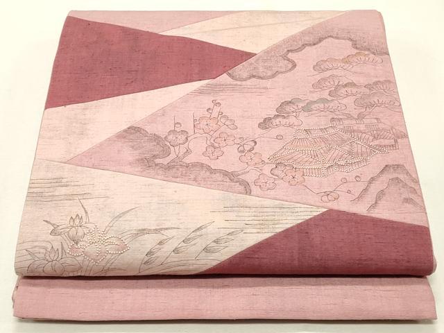 平和屋着物◎太鼓柄袋帯 手描き 紬地 切嵌風景文 正絹 逸品 CABF2125qe