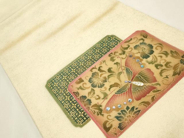 平和屋着物◎太鼓柄袋帯 螺鈿 花蝶文 金彩 正絹 逸品 未使用 CABF2128qe