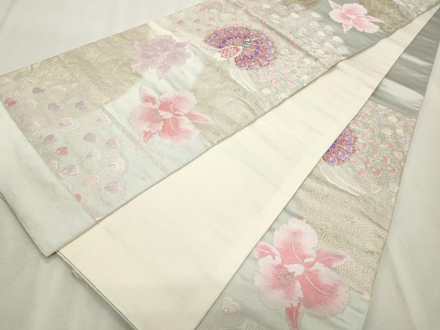 平和屋着物◎六通柄袋帯 唐織 孔雀花文 銀糸 正絹 逸品 CABF2228qe