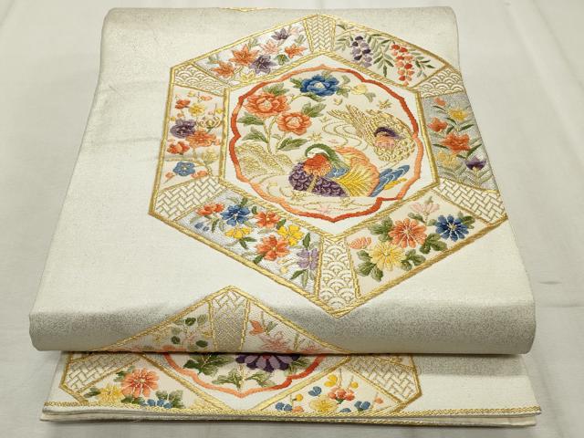 平和屋着物◎六通柄袋帯 唐織 亀甲鴛鴦花文 金銀糸 正絹 逸品 CABF2231qe