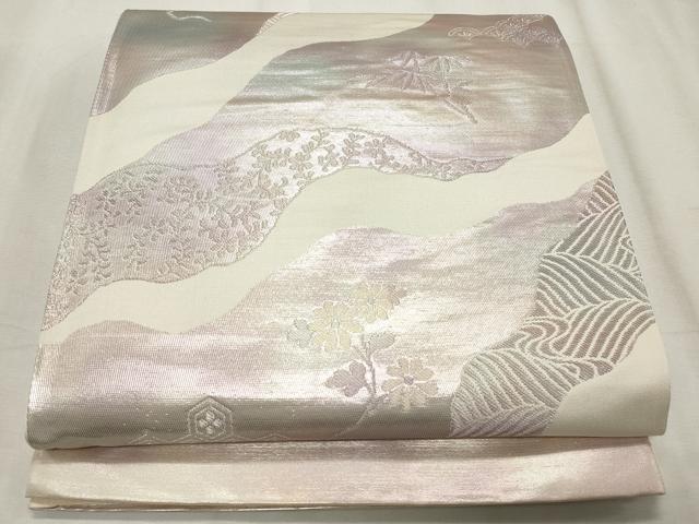 平和屋着物◎六通柄袋帯 流水枝花文 銀糸 正絹 逸品 CABF2261qe