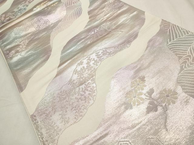 平和屋着物◎六通柄袋帯 流水枝花文 銀糸 正絹 逸品 CABF2261qe
