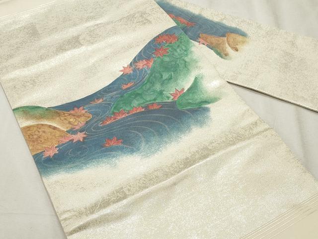 平和屋着物◎九寸名古屋帯 手描き 流水風景文 銀糸 正絹 逸品 CABF2273qe