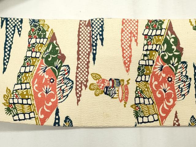 平和屋着物◎全通柄 九寸名古屋帯 型染め 風景文 正絹 逸品 CABF2274qe